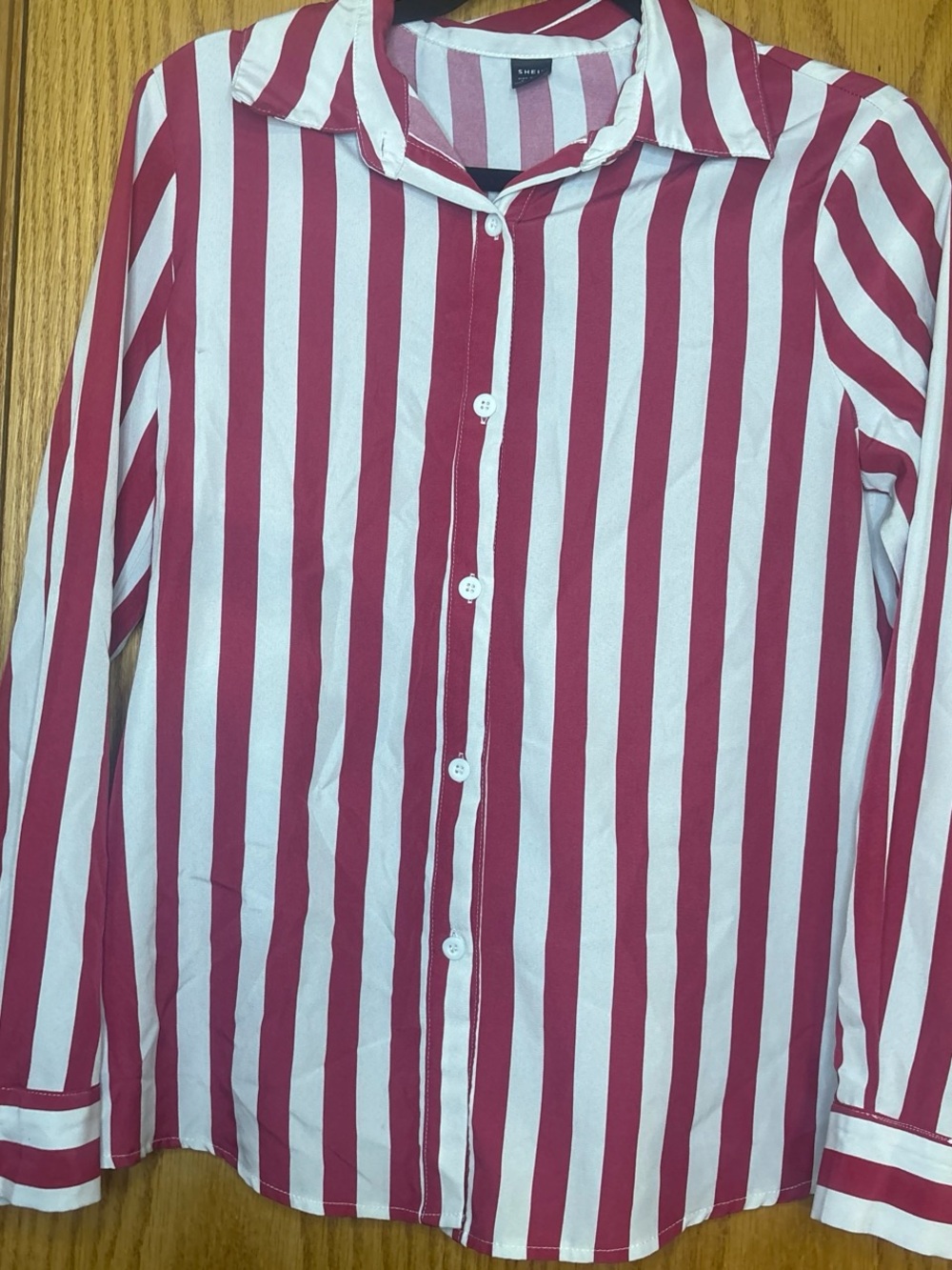 SHEIN Red and White Vertical Stripe Button-Down Shirt